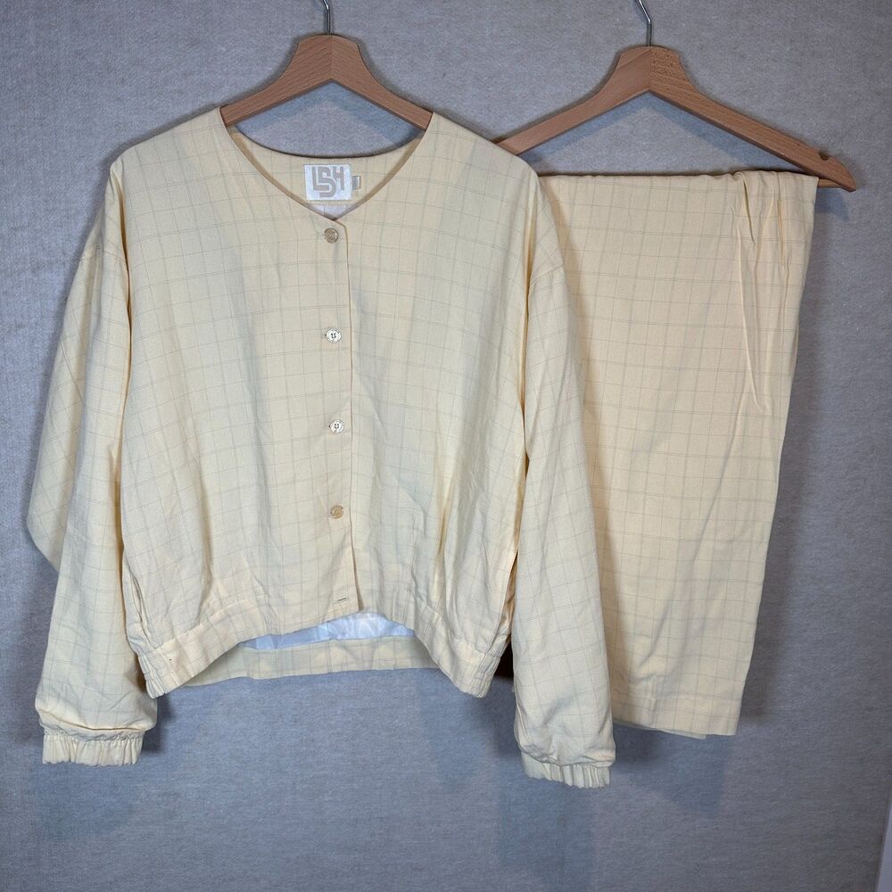 LSH Ivory Windowpane Plaid Two Piece Set Women's 8 Cropped Jacket Pants